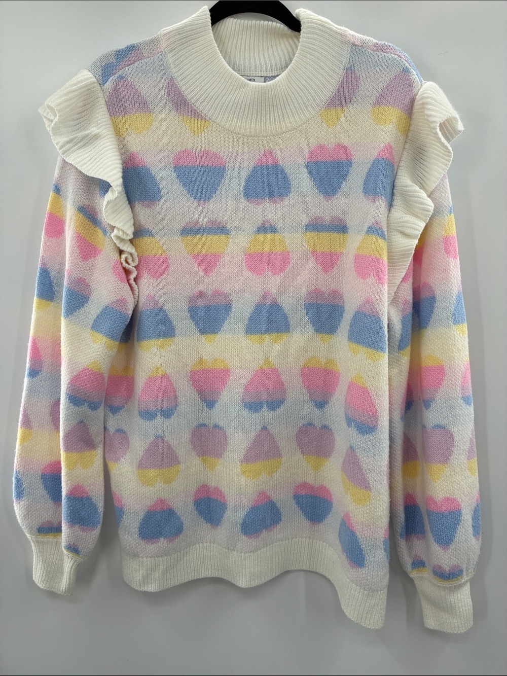 crown & ivy Cream Sweater with Pastel Pink, Blue, Yellow Hearts size XL